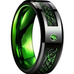 Ring w Black Dragon Pattern & Green Carbon Fiber Inlay Stainless Steel Size 8
